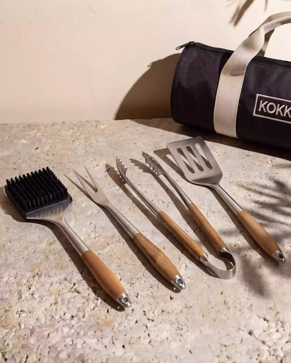 Set van 4 roestvrijstalen en acaciahouten accessoires