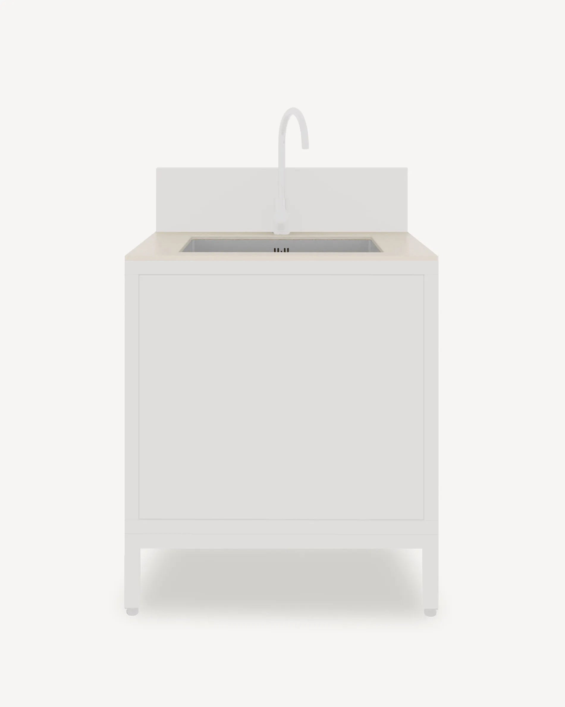 Caisson PILOTIS module Évier avec plateau, façade beige crème et robinet, packshot fond blanc
