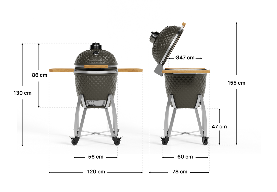 Schema van de afmetingen en kenmerken van de Kokko kamado XL.