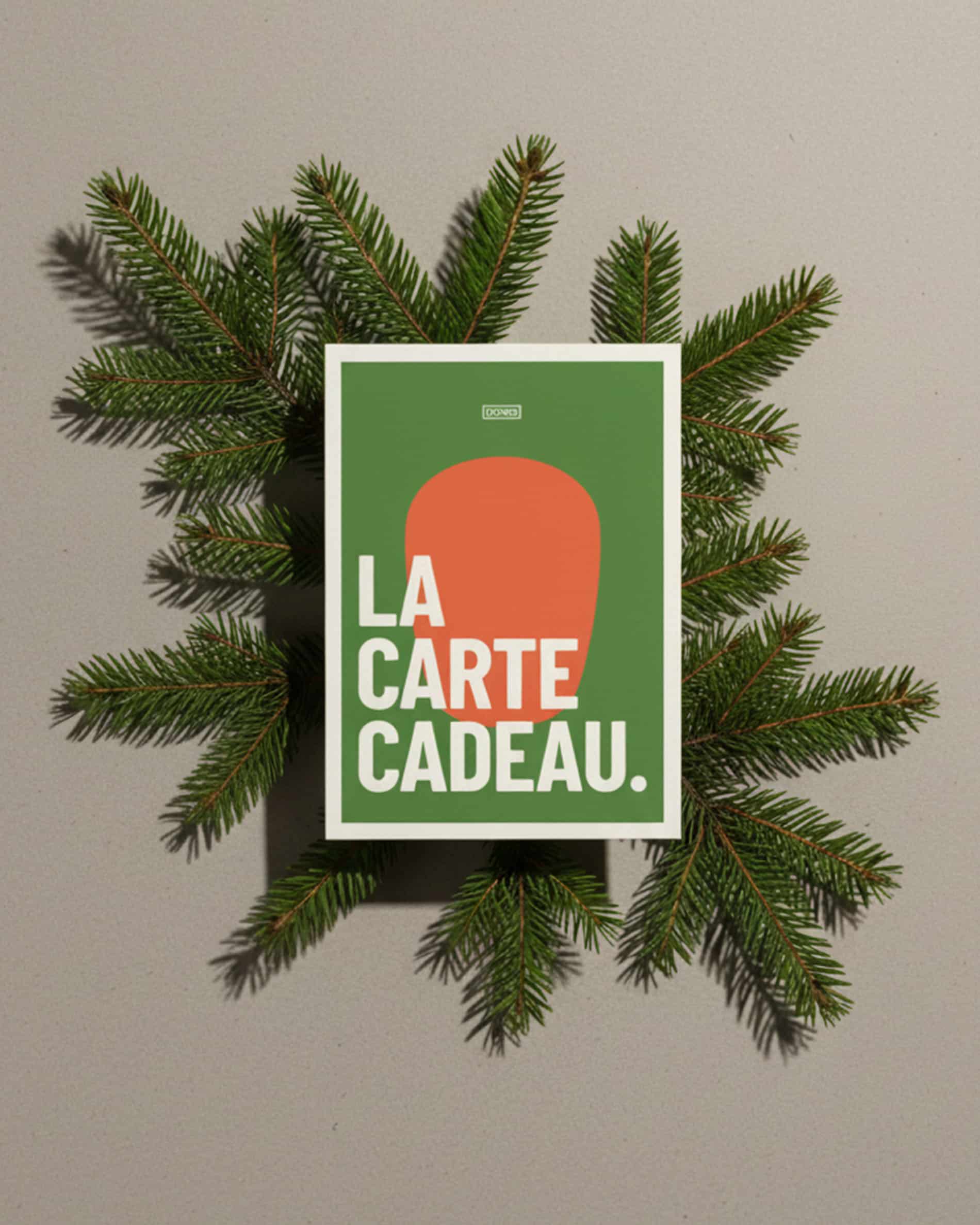 Carte cadeau kokko illustrée sur fond décoratif avec branches de sapin, visuel graphique vert et orange.