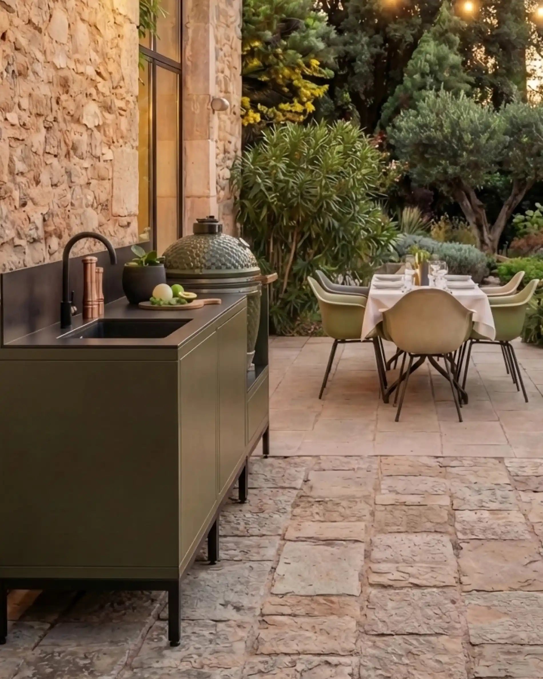 Cuisine extérieure Kokko Pilotis olive avec évier et espace repas extérieur
