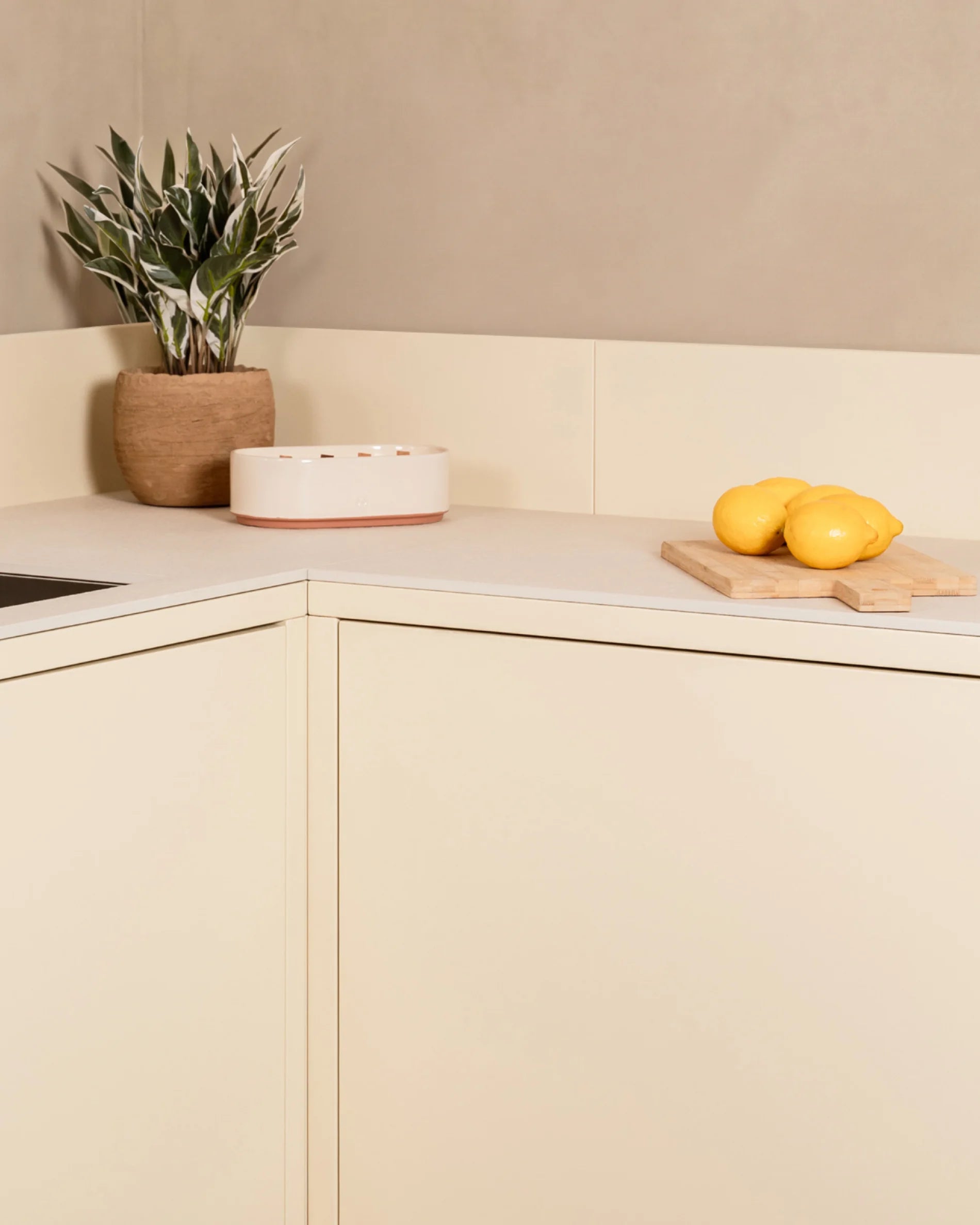 Détail angle cuisine extérieure Kokko crème avec plan de travail et décoration végétale