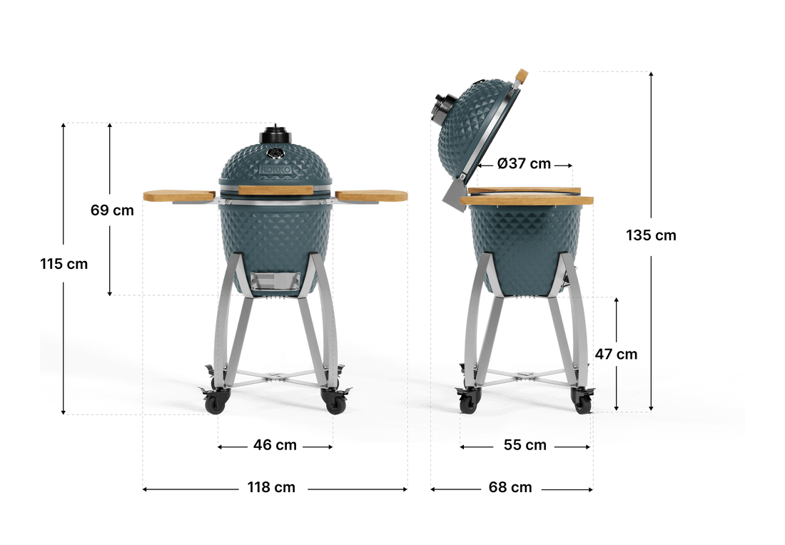 Schema van de afmetingen van de Kokko 18 inch kamado, met de globale maten van de barbecue voor installatie en buiteninrichting.