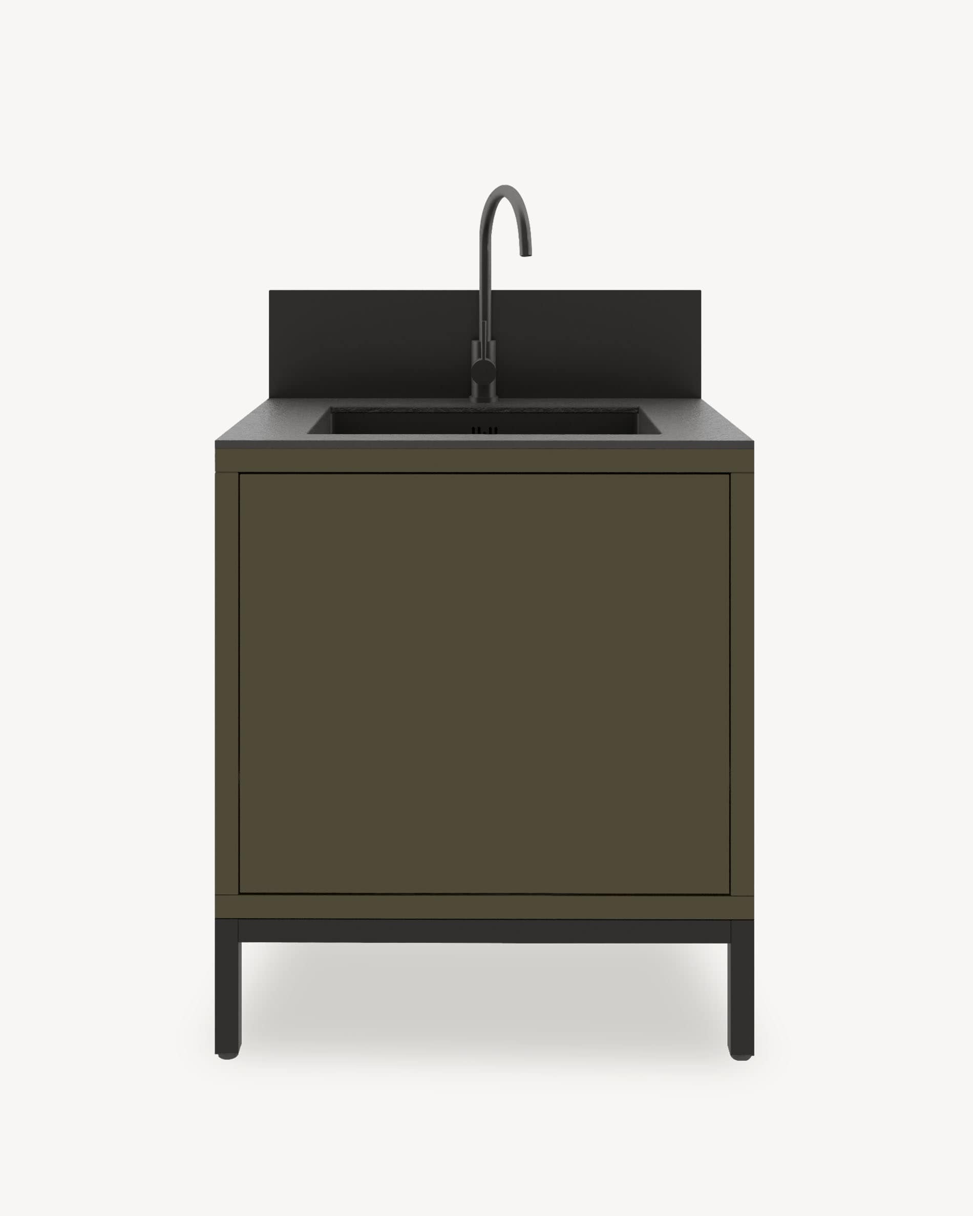 Keukenmodule op palen met geïntegreerde spoelbak, meubel in olijfgroene kleur met gesloten opbergruimte, donker werkblad en geïntegreerde spatwand.