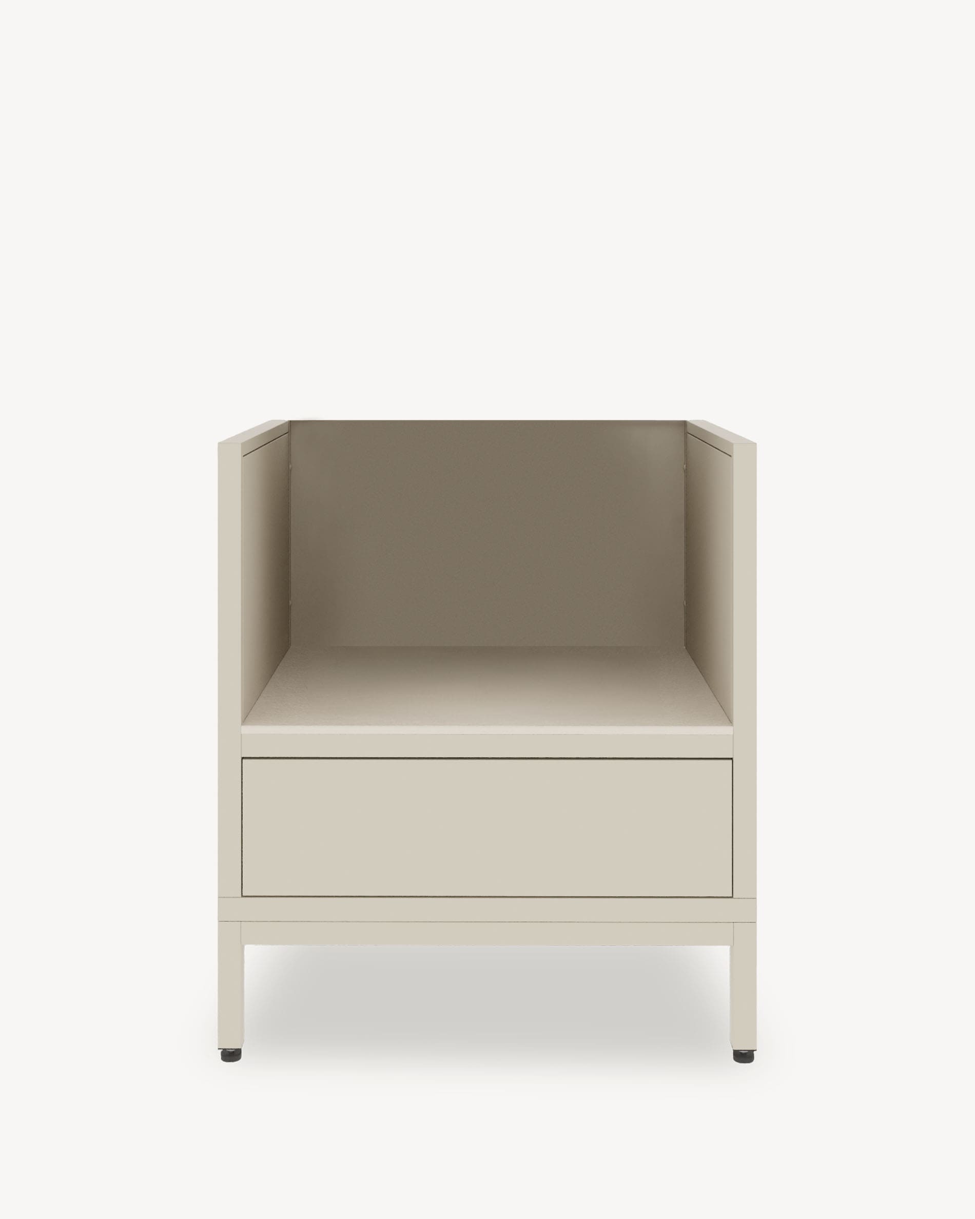 Module de cuisine pilotis pour kamado, meuble coloris crème avec rangement fermé, plan de travail sombre et parois latérales intégrées.