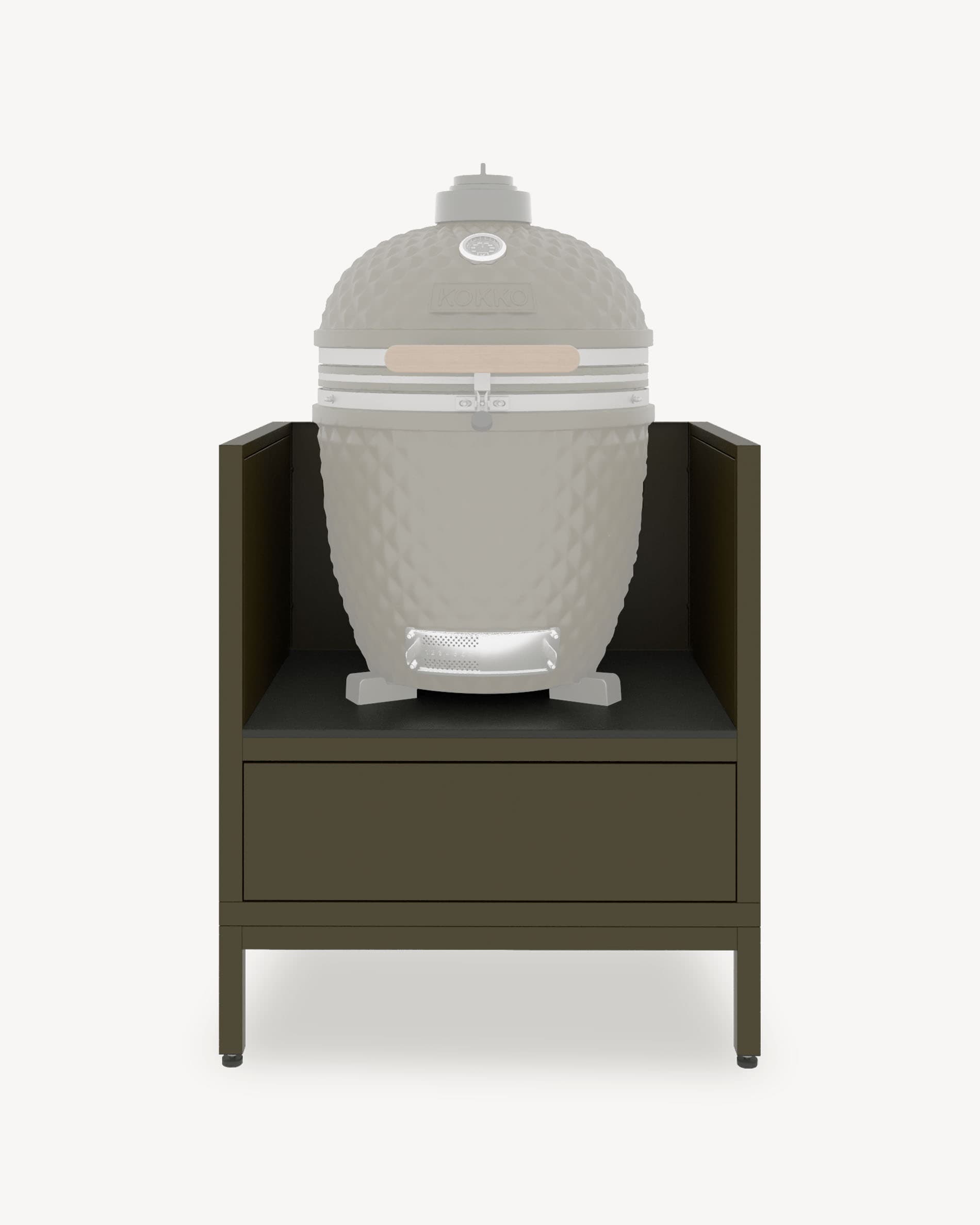 Keukenmodule op palen voor kamado, meubel in olijfgroene kleur met gesloten opbergruimte, donker werkblad en geïntegreerde zijwanden.