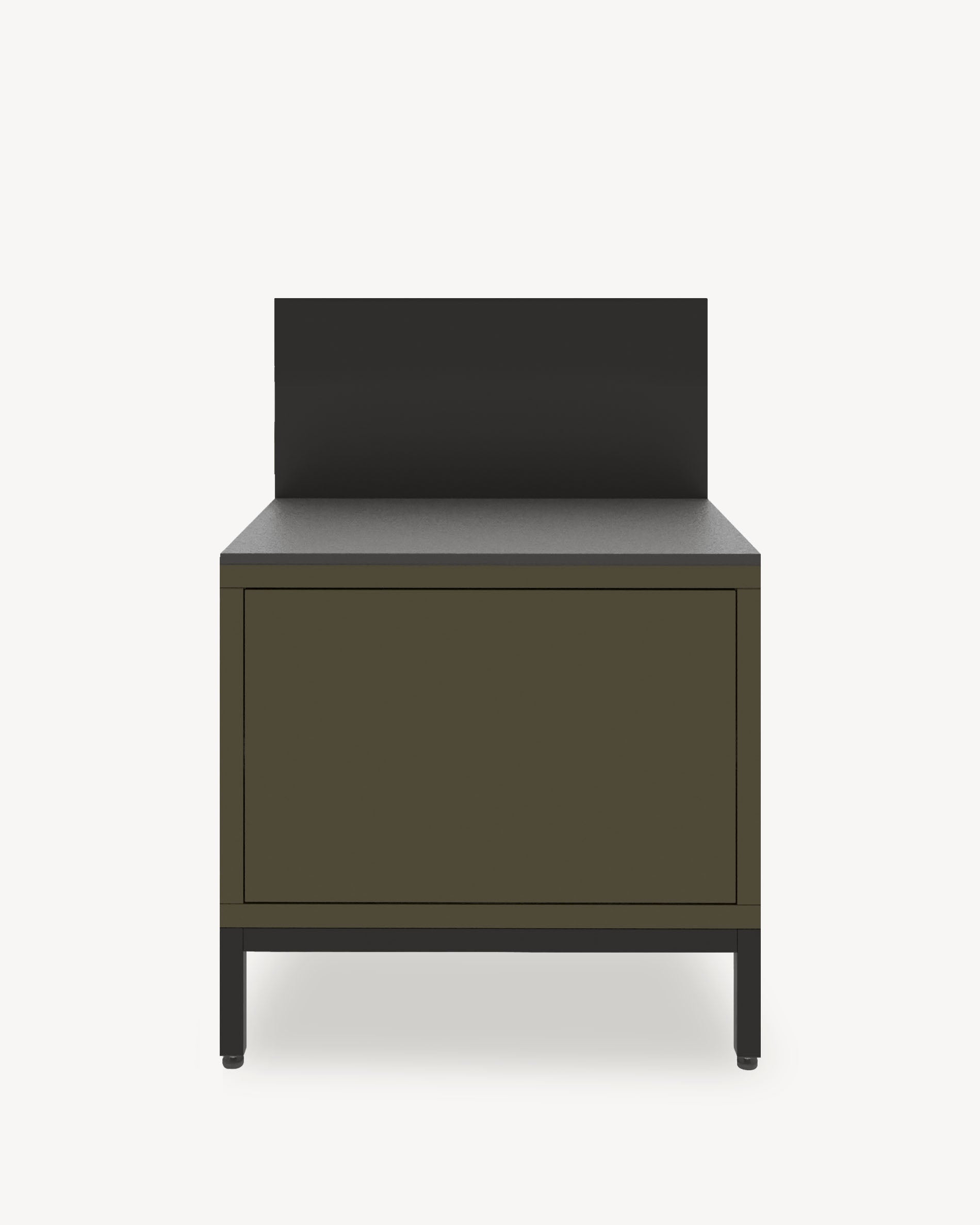 Keukenmodule op palen voor plancha, front in olijfgroen, gesloten opbergruimte, geïntegreerd werkblad en achterwand.