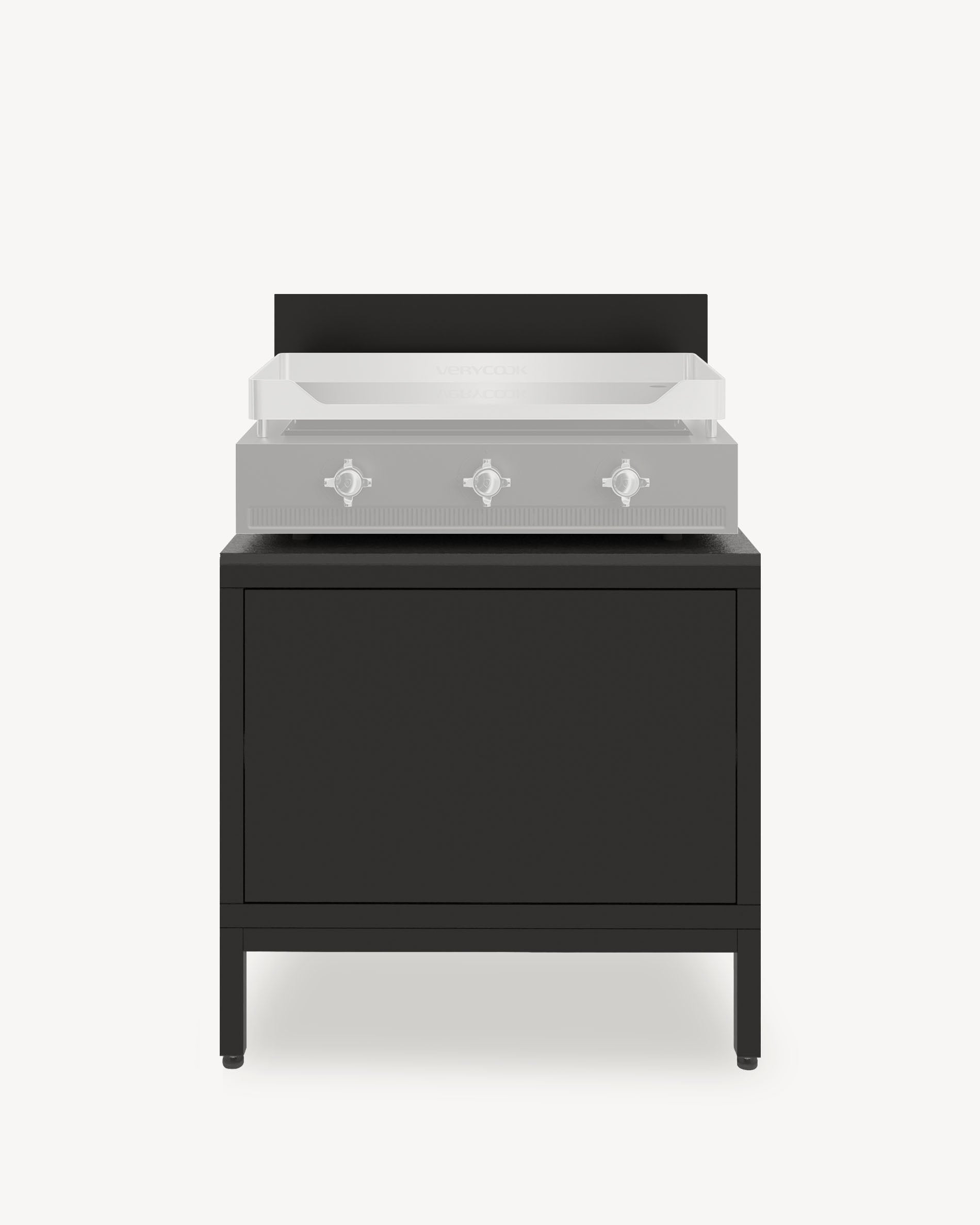 Keukenmodule op palen voor plancha, zwart meubel met gesloten opbergruimte, donker werkblad en geïntegreerde achterwand.