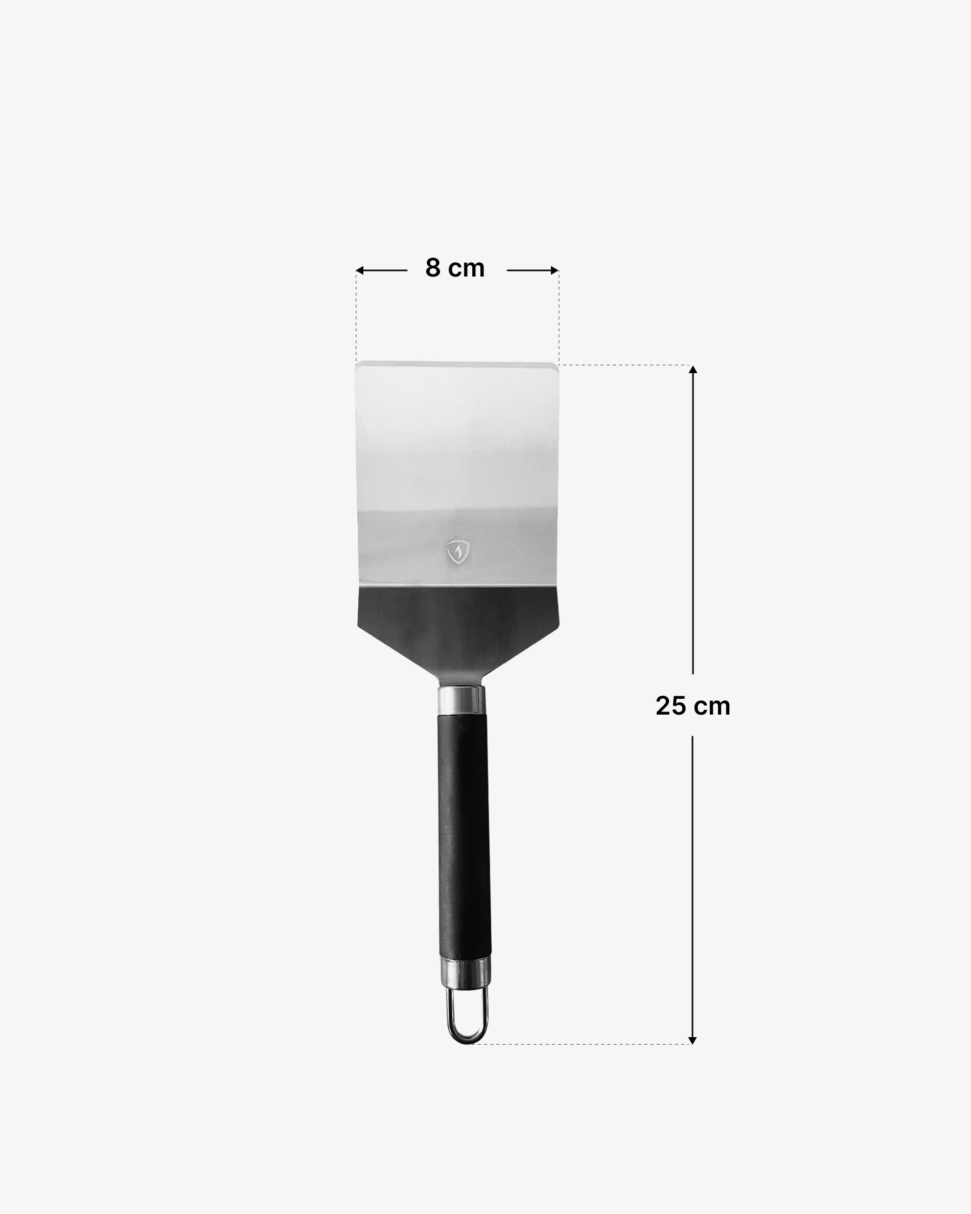 Klassieke spatel van roestvrij staal met ergonomisch zwart handvat, gepresenteerd op een lichte achtergrond met aanduiding van de afmetingen: lemmetbreedte 8 cm en totale lengte 25 cm.
