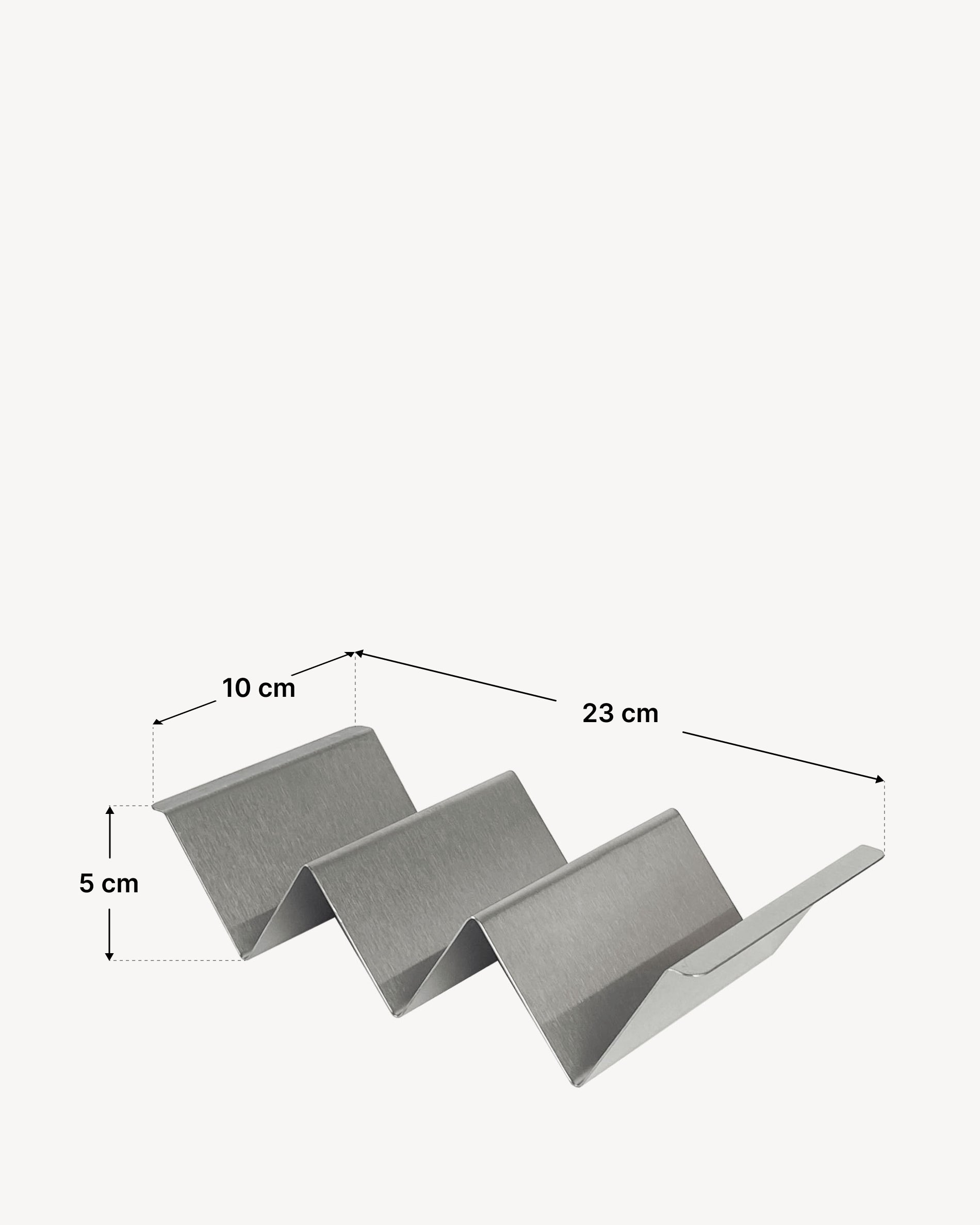 RVS taco-houder met gevouwen zigzagstructuur, voorzien van meerdere vakken voor tortilla’s, afgebeeld met een maatschema dat een totale lengte van 23 cm, een breedte van 10 cm en een hoogte van 5 cm aangeeft.