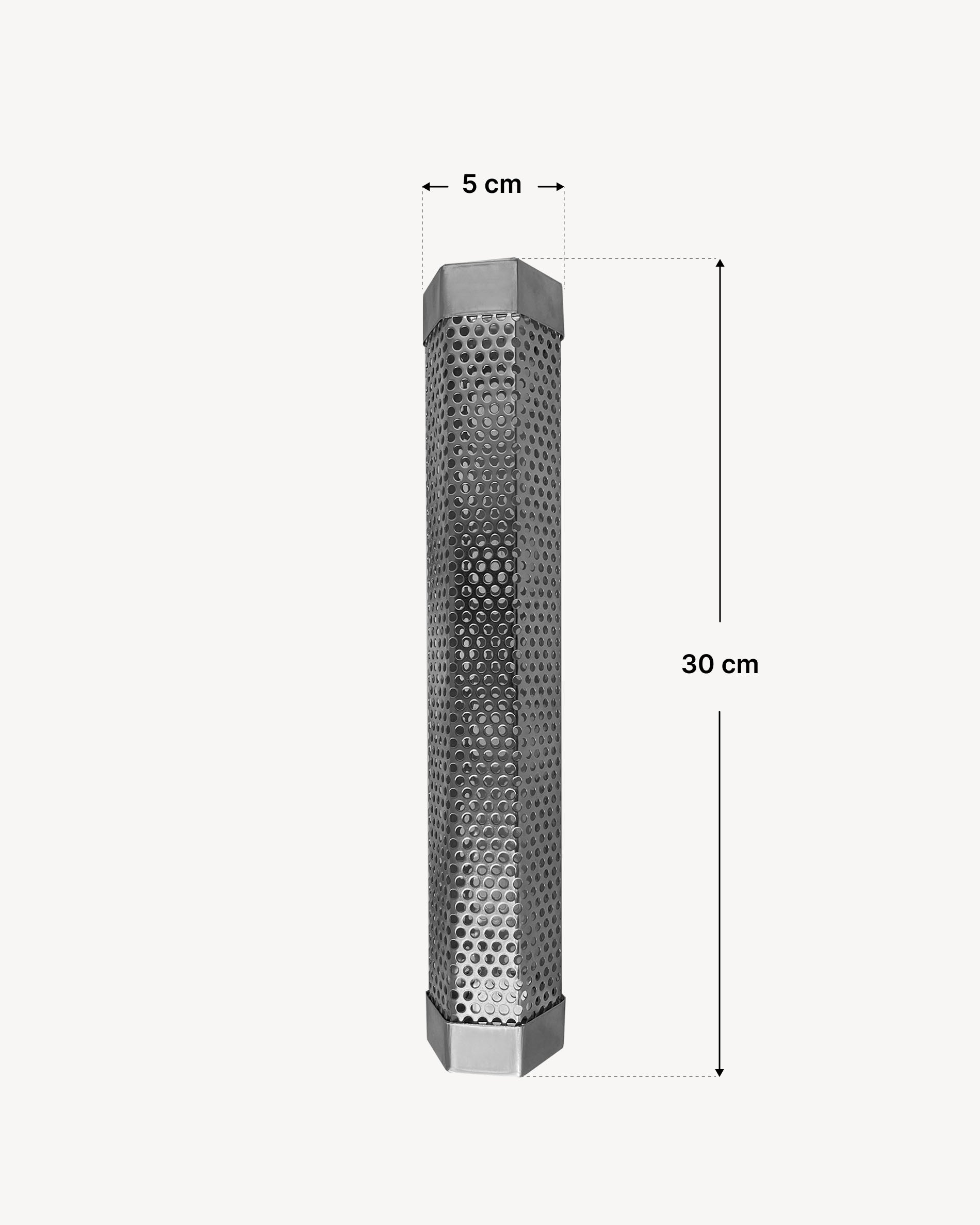 Tube générateur de fumée en acier inoxydable perforé pour fumage à froid, présenté avec un schéma de dimensions indiquant une longueur totale de 30 cm et une largeur de 5 cm.